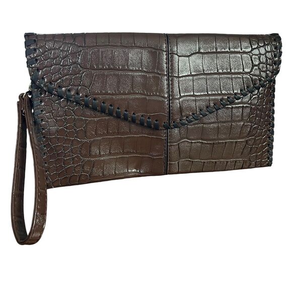 Chicos Womens Brown Croc Print Clutch Wristlet Flap Pocket Purse Handbag - Picture 1 of 16